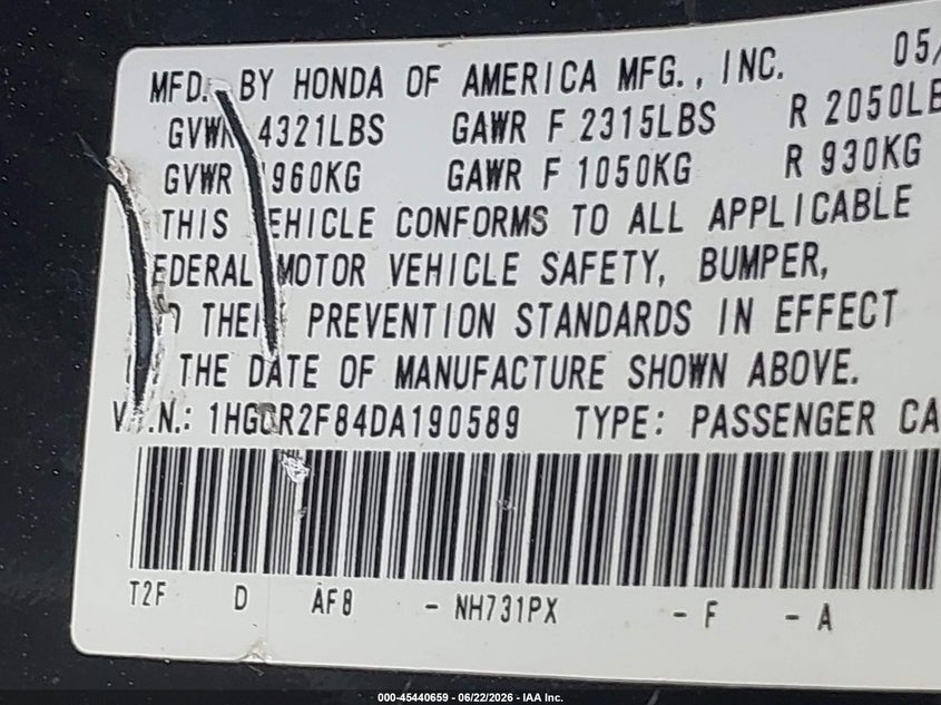 2013 Honda Accord VIN 1HGCR2F84DA190589 IAAI salvage auction — REAR END, Original (Texas), sold $4,100 on 2026-08-01 (photo 9)