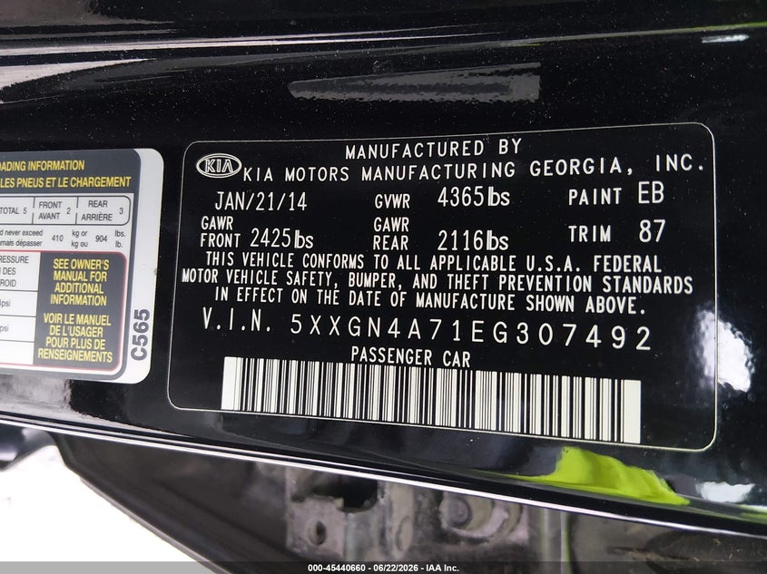 2014 Kia Optima VIN 5XXGN4A71EG307492 IAAI salvage auction — FRONT END, Salvage (Georgia), sold $700 on 2026-07-17 (photo 9)