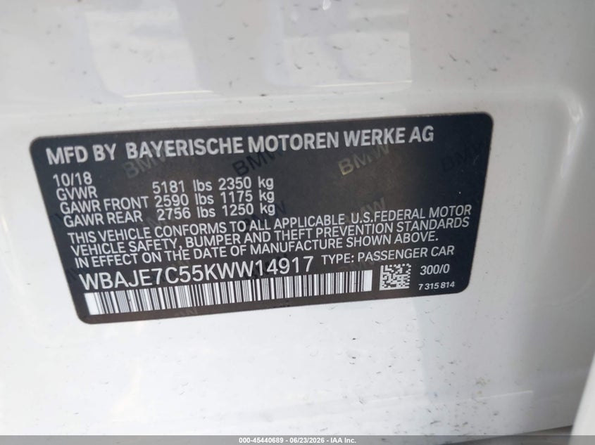 2019 BMW 5er VIN WBAJE7C55KWW14917 IAAI salvage auction — FRONT END, Rebuildable (Florida), sold $12,100 on 2026-07-30 (photo 9)