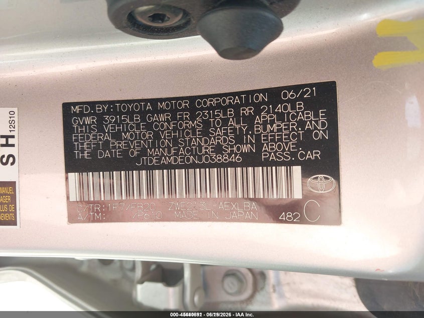 2022 Toyota Corolla VIN JTDEAMDE0NJ038846 IAAI salvage auction — FRONT END, Original (Texas), sold $3,100 on 2026-07-29 (photo 9)