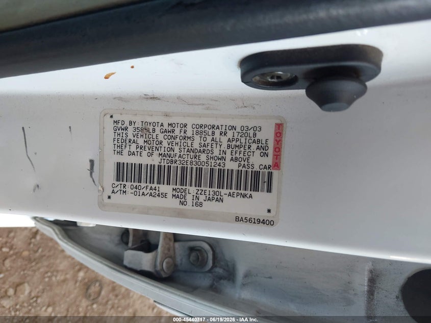 2003 Toyota Corolla VIN JTDBR32E830051243 IAAI salvage auction — NORMAL WEAR, Clear (Arizona), sold $125 on 2026-07-21 (photo 9)