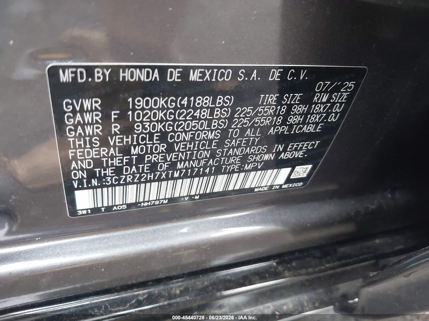 2026 Honda Hr-v VIN 3CZRZ2H7XTM717141 IAAI salvage auction — RIGHT SIDE, Mv-907A (New York), sold $7,750 on 2026-07-28 (photo 9)
