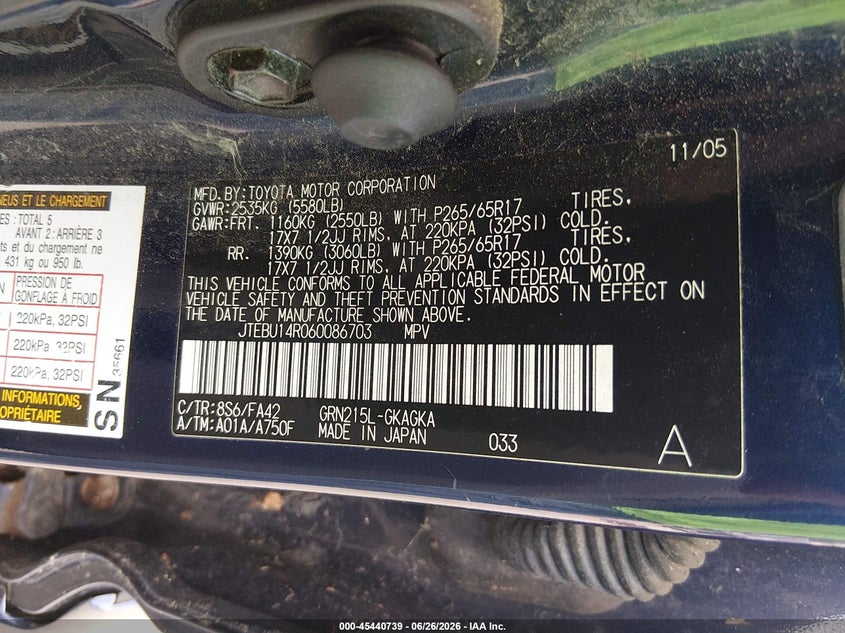 2006 Toyota 4runner VIN JTEBU14R060086703 IAAI salvage auction — NORMAL WEAR, Original (New Hampshire), sold $1,700 on 2026-07-29 (photo 9)