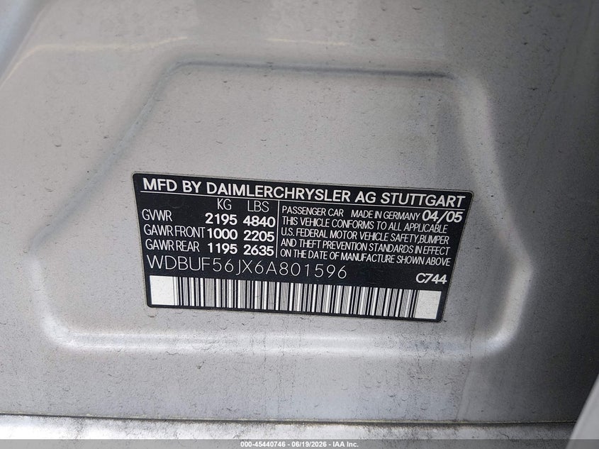 2006 Mercedes-benz E-class VIN WDBUF56JX6A801596 IAAI salvage auction — NORMAL WEAR, Clear (South Carolina), sold $525 on 2026-08-19 (photo 9)