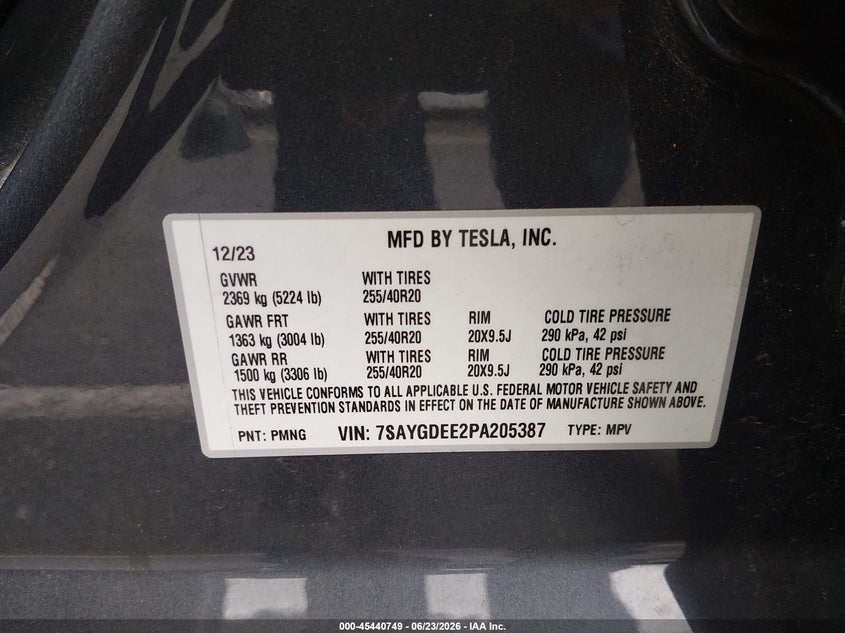 2023 Tesla Model y VIN 7SAYGDEE2PA205387 IAAI salvage auction — FRONT END, Salvage (New Jersey), sold $14,300 on 2026-08-02 (photo 9)