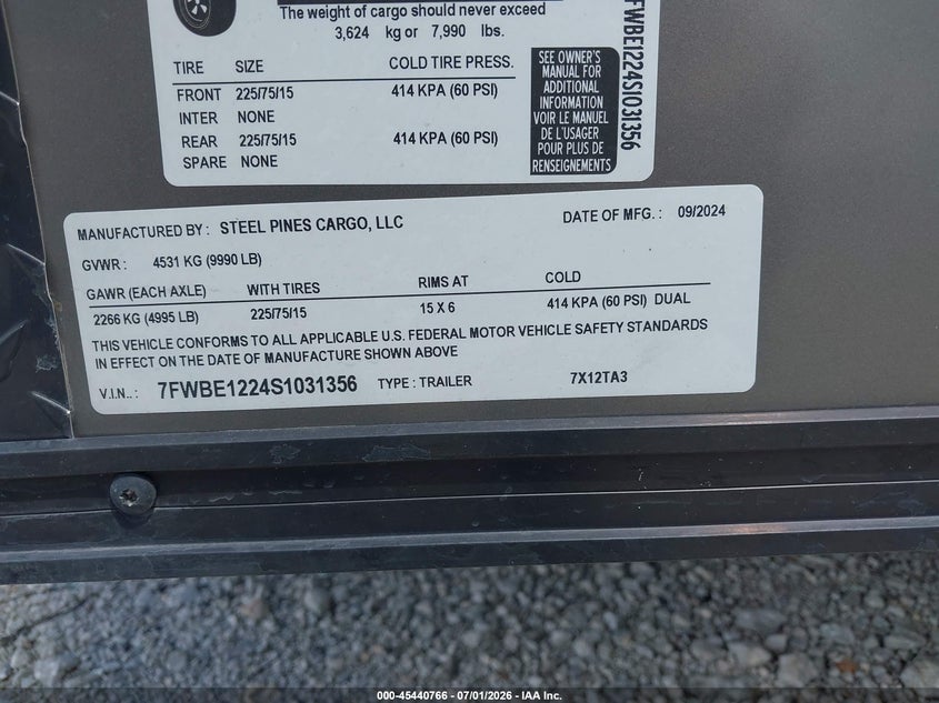 2025 Other Other VIN 7FWBE1224S1031356 IAAI salvage auction — SIDE, Certificate Of Destruction (Florida), sold $500 on 2026-07-22 (photo 9)