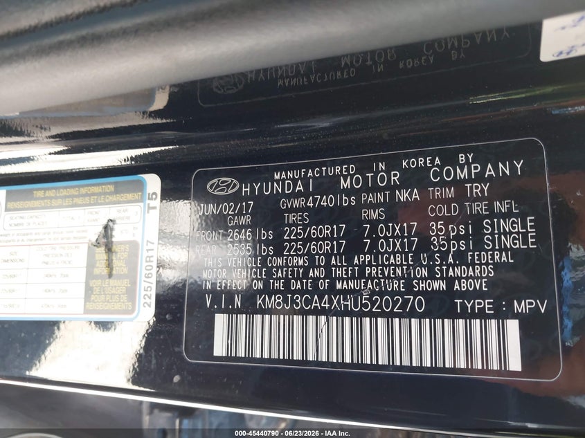 2017 Hyundai Tucson VIN KM8J3CA4XHU520270 IAAI salvage auction — NORMAL WEAR, Clear (Illinois), sold $2,250 on 2026-07-08 (photo 9)