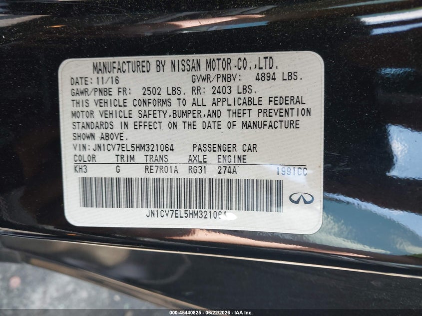 2017 Infiniti Q60 VIN JN1CV7EL5HM321064 IAAI salvage auction — REAR END, Salvage (North Carolina), sold $3,350 on 2026-07-25 (photo 9)