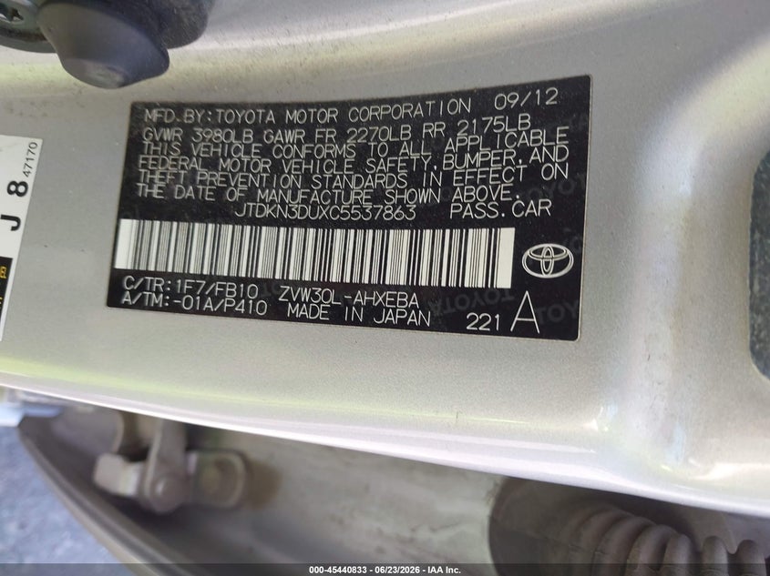 2012 Toyota Prius VIN JTDKN3DUXC5537863 IAAI salvage auction — NORMAL WEAR, Clear (Idaho), sold $1,100 on 2026-07-24 (photo 9)