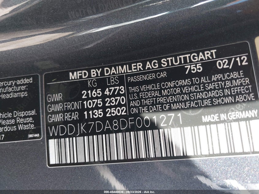 2013 Mercedes-benz VIN WDDJK7DA8DF001271 IAAI salvage auction — FRONT END, Salvage Title, sold $3,350 on 2026-08-05 (photo 9)