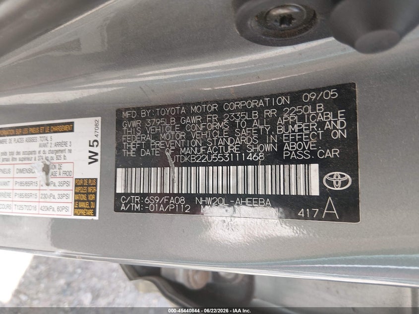 2005 Toyota Prius VIN JTDKB22U553111468 IAAI salvage auction — NORMAL WEAR, Original (Texas), sold $325 on 2026-07-22 (photo 9)