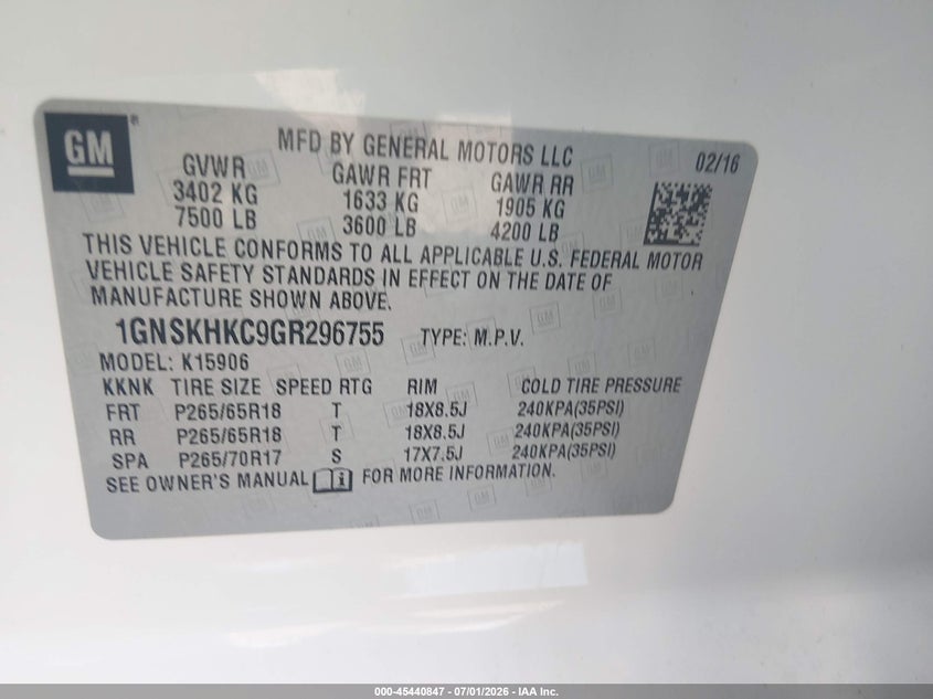 2016 Chevrolet Suburban VIN 1GNSKHKC9GR296755 IAAI salvage auction — UNKNOWN, Salvage - Greater Than 75% (Maryland), sold $6,800 on 2026-07-09 (photo 9)