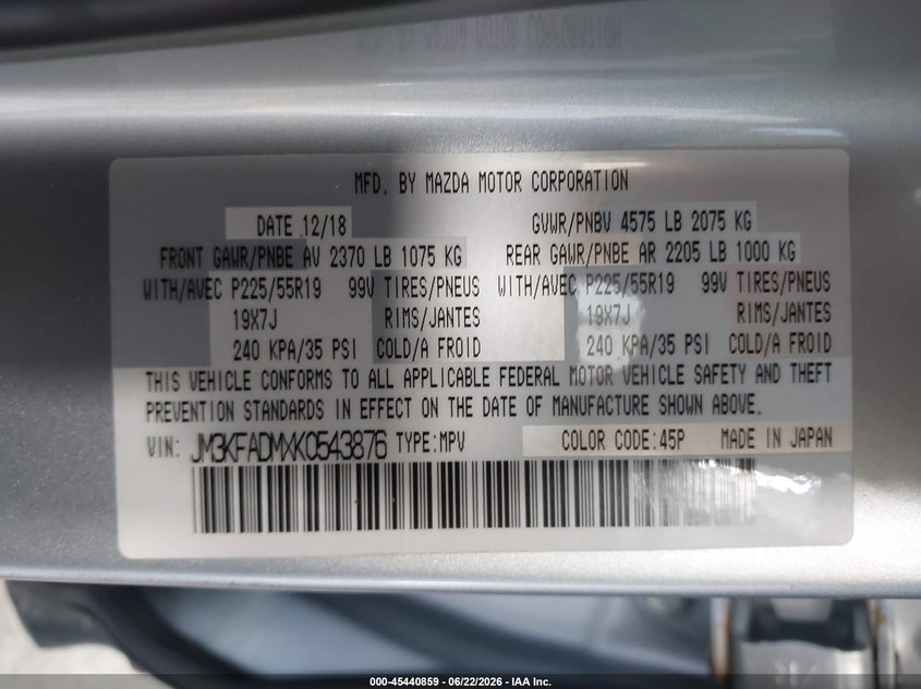 2019 Mazda Cx-5 VIN JM3KFADMXK0543876 IAAI salvage auction — REAR END, Rebuildable (Florida), sold $4,400 on 2026-07-08 (photo 9)