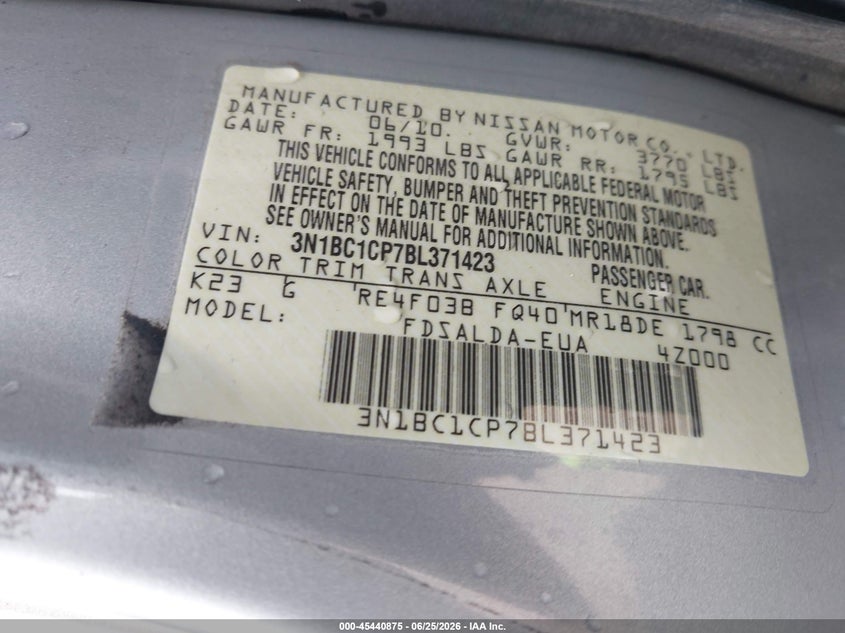 2011 Nissan Versa VIN 3N1BC1CP7BL371423 IAAI salvage auction — RIGHT REAR, Salvage (California), sold $850 on 2026-07-27 (photo 9)