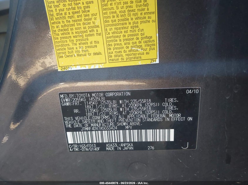 2010 Toyota Rav4 VIN JTMRF4DV7A5033424 IAAI salvage auction — LEFT FRONT, Salvage (Ohio), sold $2,200 on 2026-07-28 (photo 9)