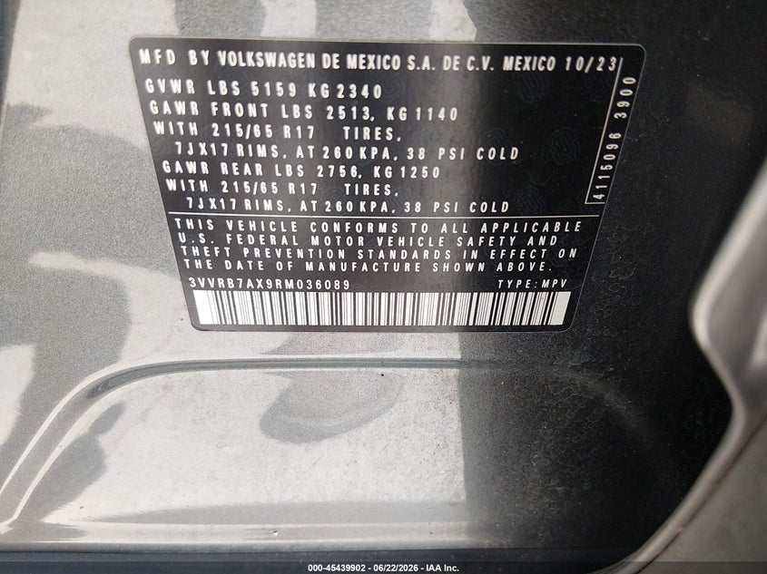 2024 Volkswagen Tiguan VIN 3VVRB7AX9RM036089 IAAI salvage auction — REAR END, Original (Texas), sold $5,500 on 2026-08-14 (photo 9)