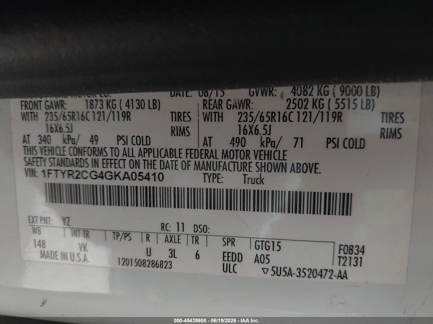 2016 Ford Transit-250 VIN 1FTYR2CG4GKA05410 IAAI salvage auction — NORMAL WEAR, Clear (Connecticut), sold $425 on 2026-07-07 (photo 9)
