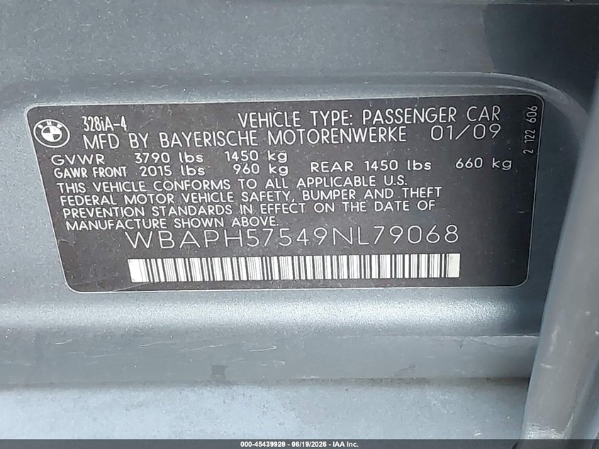 2009 BMW 3 series VIN WBAPH57549NL79068 IAAI salvage auction — NORMAL WEAR, Clear (Texas), sold $575 on 2026-07-07 (photo 9)