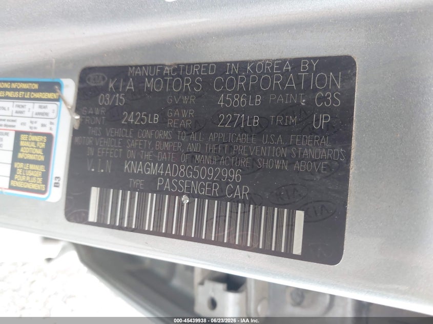 2016 Kia Optima VIN KNAGM4AD8G5092996 IAAI salvage auction — FRONT END, Clear (Virginia), sold $500 on 2026-07-28 (photo 9)