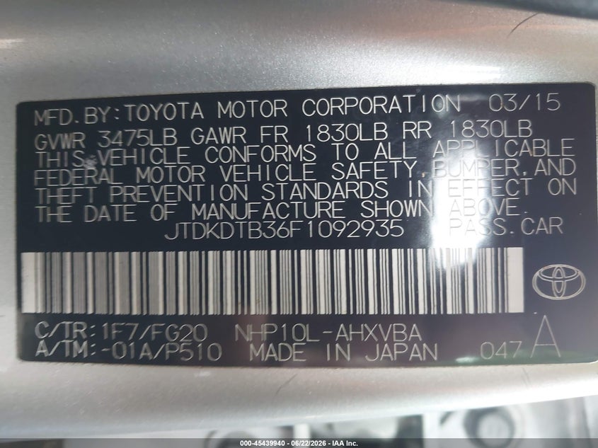 2015 Toyota Prius c VIN JTDKDTB36F1092935 IAAI salvage auction — FRONT END, Salvage (Pennsylvania), sold $1,100 on 2026-07-28 (photo 9)