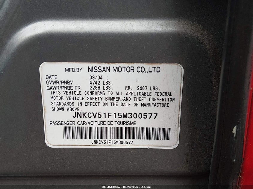 2005 Infiniti G VIN JNKCV51F15M300577 IAAI salvage auction — NORMAL WEAR, Clear (Virginia), sold $275 on 2026-07-08 (photo 9)