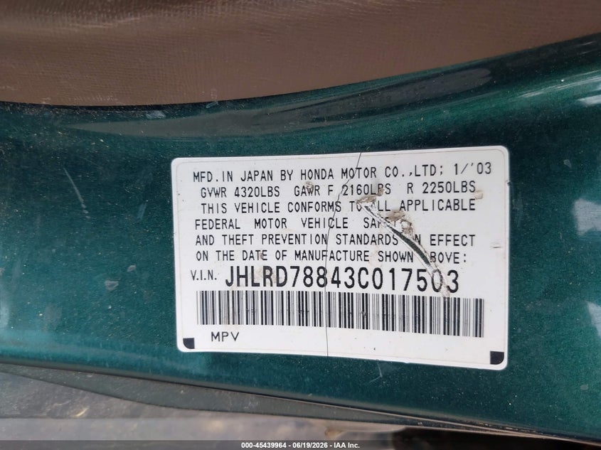 2003 Honda Cr-v VIN JHLRD78843C017503 IAAI salvage auction — NORMAL WEAR, Clear (Virginia), sold $425 on 2026-07-22 (photo 9)
