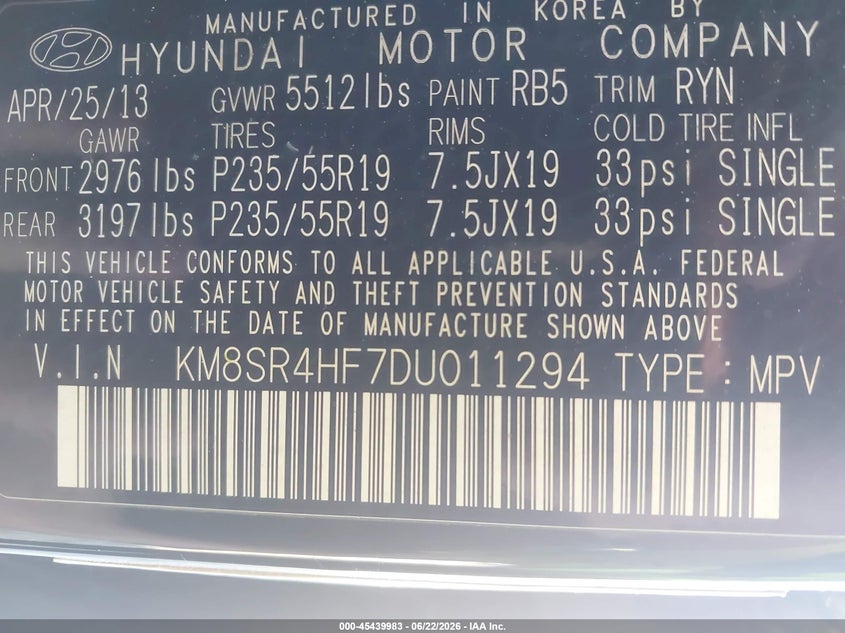 2013 Hyundai Santa fe VIN KM8SR4HF7DU011294 IAAI salvage auction — FRONT END, Salvage (North Carolina), sold $2,250 on 2026-07-13 (photo 9)