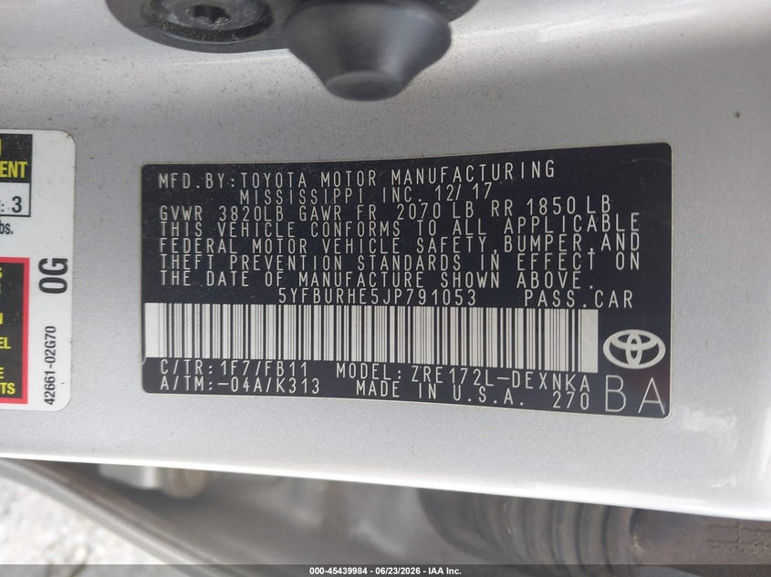 2018 Toyota Corolla VIN 5YFBURHE5JP791053 IAAI salvage auction — REAR END, Salvage (Georgia), sold $275 on 2026-07-28 (photo 9)