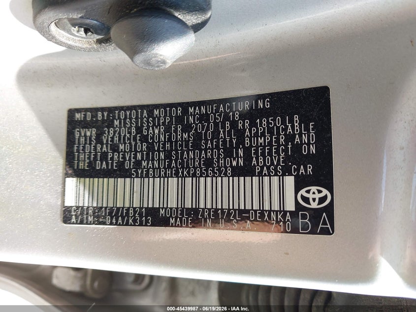 2019 Toyota Corolla VIN 5YFBURHEXKP856528 IAAI salvage auction — FRONT END, Salvage (Virginia), sold $4,050 on 2026-07-17 (photo 9)