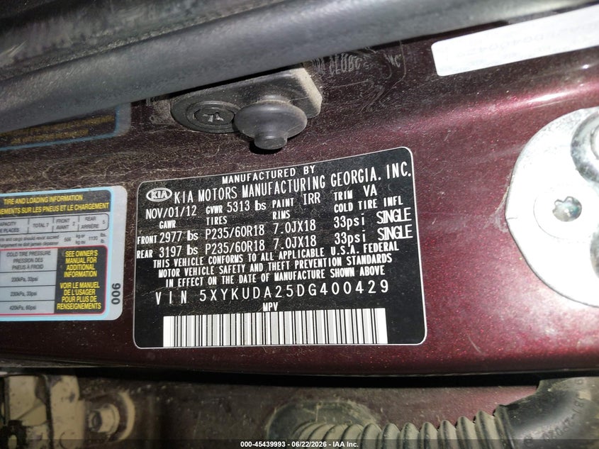 2013 Kia Sorento VIN 5XYKUDA25DG400429 IAAI salvage auction — LEFT FRONT, Salvage (Pennsylvania), sold $1,200 on 2026-07-08 (photo 9)