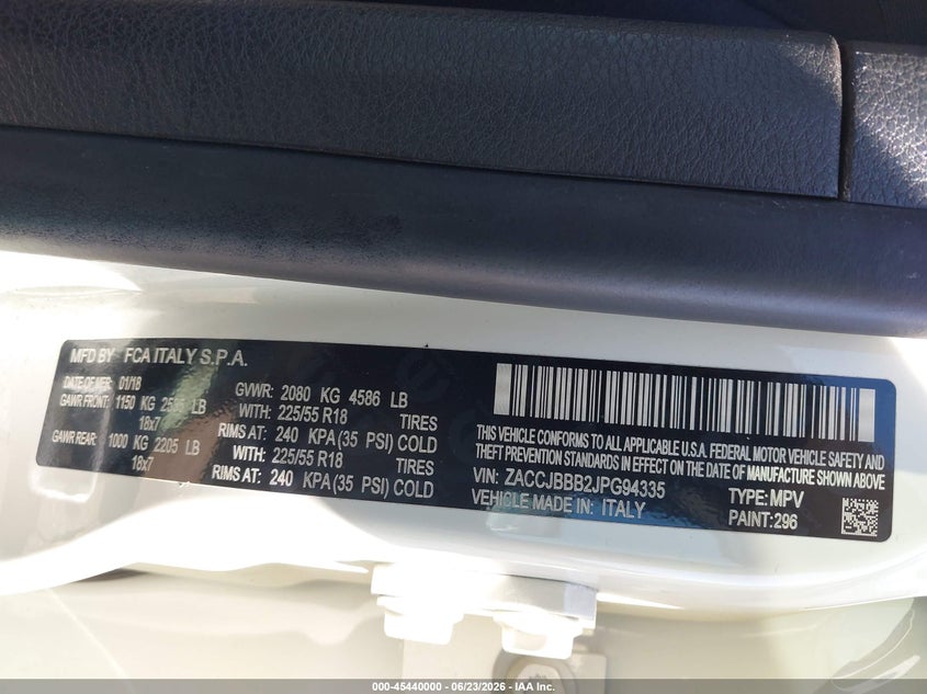 2018 Jeep Renegade VIN ZACCJBBB2JPG94335 IAAI salvage auction — FRONT END, Salvage Title, sold $2,550 on 2026-08-19 (photo 9)