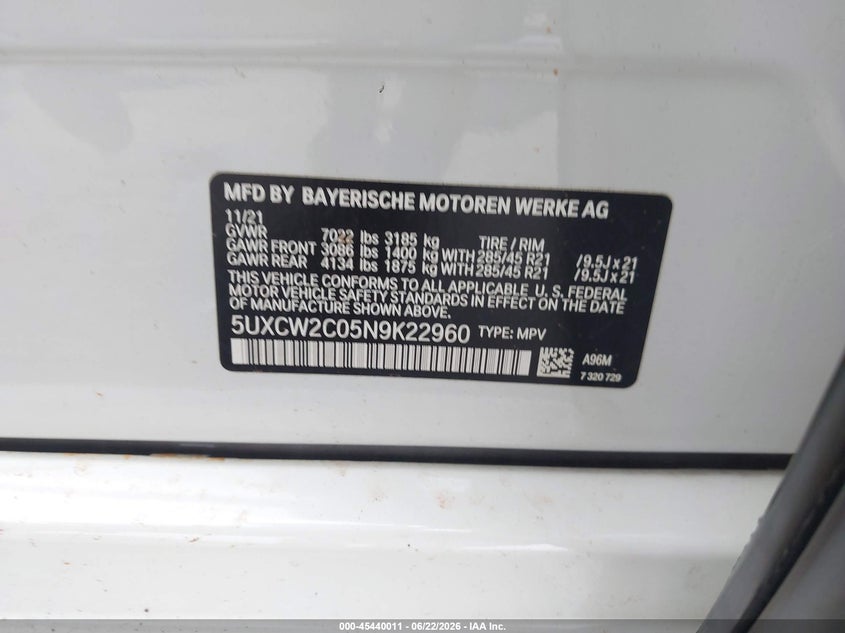 2022 BMW X7 VIN 5UXCW2C05N9K22960 IAAI salvage auction — FRONT END, Salvage (Georgia), sold $13,600 on 2026-07-29 (photo 9)