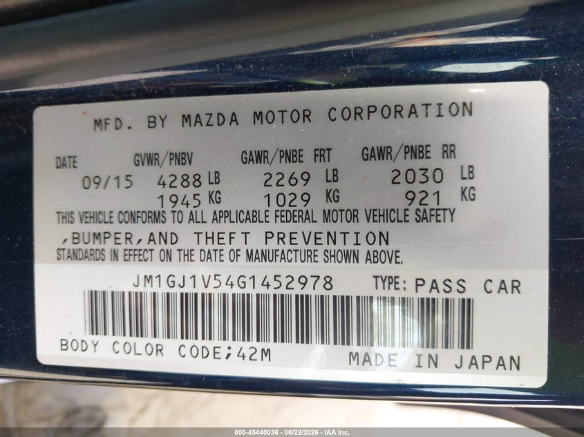 2016 Mazda 6 VIN JM1GJ1V54G1452978 IAAI salvage auction — LEFT REAR, Salvage Title, sold $2,250 on 2026-07-24 (photo 9)