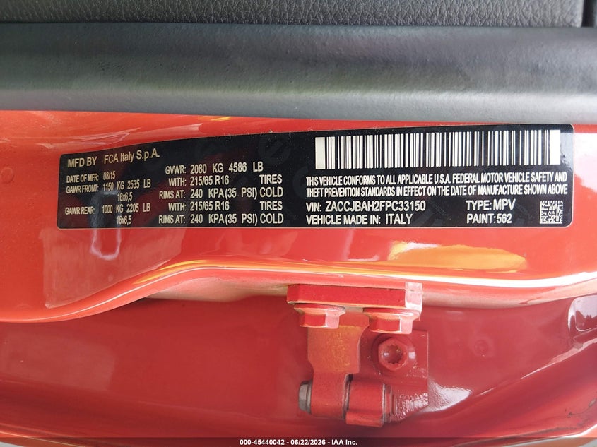 2015 Jeep Renegade VIN ZACCJBAH2FPC33150 IAAI salvage auction — RIGHT FRONT, Clear (Tennessee), sold $400 on 2026-07-22 (photo 9)