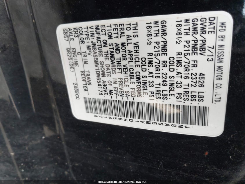2013 Nissan Rogue VIN JN8AS5MV1DW654174 IAAI salvage auction — NORMAL WEAR, Clear (Pennsylvania), sold $500 on 2026-07-17 (photo 9)