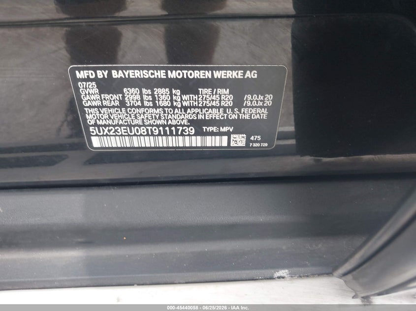 2026 BMW X5 VIN 5UX23EU08T9111739 IAAI salvage auction — REAR END, Enterprise Vehicles Clear Only (New Jersey), sold $37,375 on 2026-07-16 (photo 9)