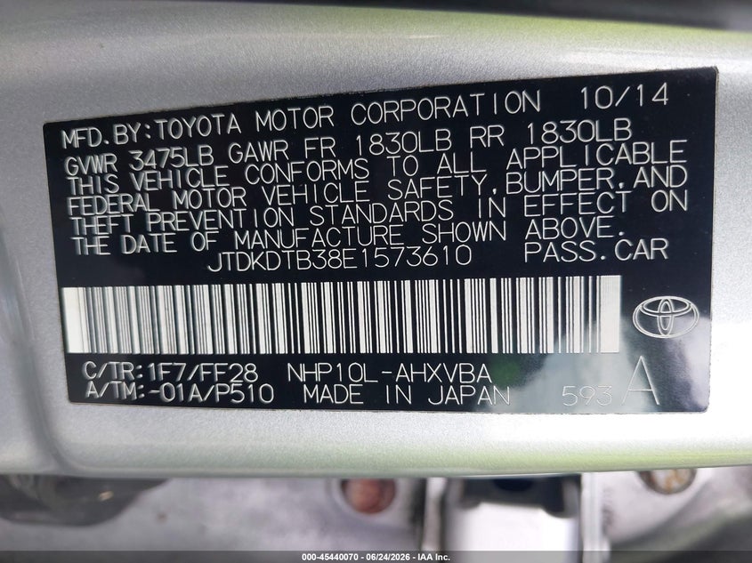 2014 Toyota Prius c VIN JTDKDTB38E1573610 IAAI salvage auction — REAR END, Rebuildable (Florida), sold $1,275 on 2026-07-29 (photo 9)