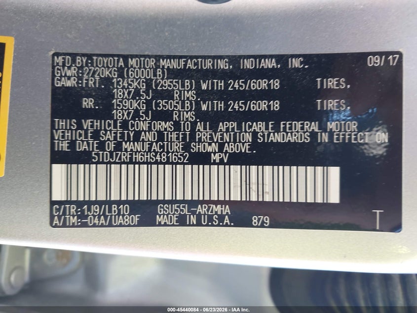 2017 Toyota Highlander VIN 5TDJZRFH6HS481652 IAAI salvage auction — FRONT END, Salvage Title, sold $6,200 on 2026-07-29 (photo 9)