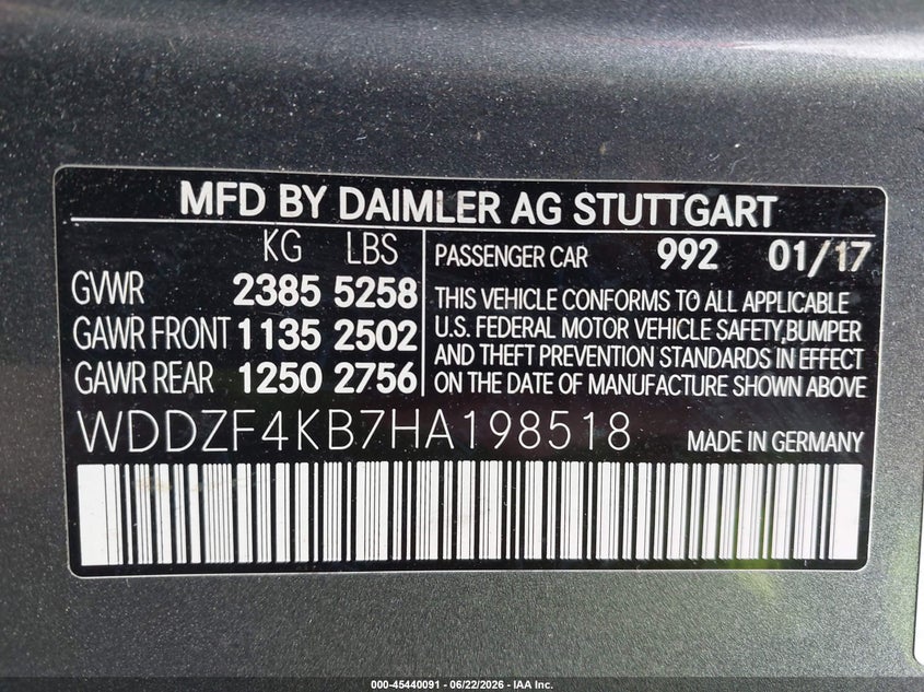 2017 Mercedes-benz E-klasse VIN WDDZF4KB7HA198518 IAAI salvage auction — WATER/FLOOD, Salvage Title, sold $3,900 on 2026-07-22 (photo 9)