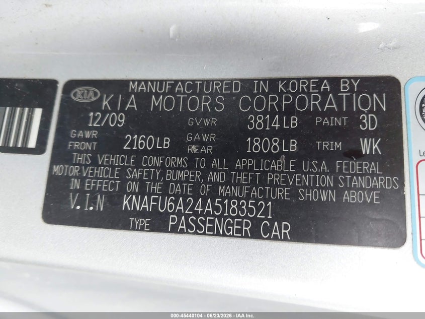 2010 Kia Forte VIN KNAFU6A24A5183521 IAAI salvage auction — FRONT & REAR, Salvage (Pennsylvania), sold $150 on 2026-07-09 (photo 9)