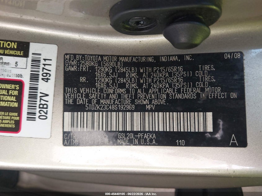 2008 Toyota Sienna VIN 5TDZK23C48S192969 IAAI salvage auction — RIGHT SIDE, Rebuildable (Florida), sold $550 on 2026-07-16 (photo 9)