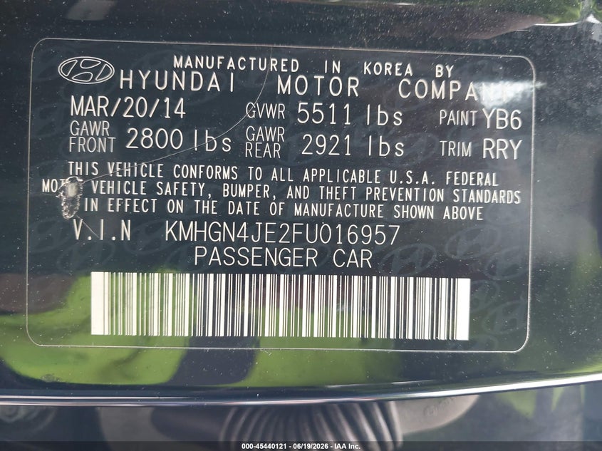 2015 Hyundai Genesis VIN KMHGN4JE2FU016957 IAAI salvage auction — NORMAL WEAR, Clear (Maryland), sold $2,275 on 2026-07-23 (photo 9)