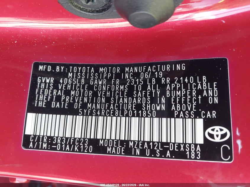 2020 Toyota Corolla VIN 5YFS4RCE8LP011850 IAAI salvage auction — REAR END, Salvage Title, sold $3,500 on 2026-07-29 (photo 9)