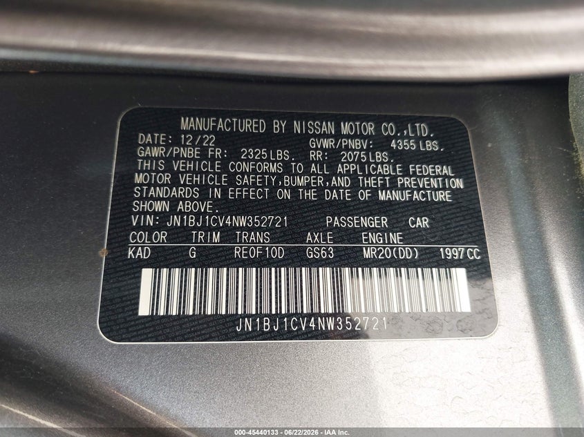 2022 Nissan Rogue VIN JN1BJ1CV4NW352721 IAAI salvage auction — FRONT END, Salvage Title, sold $3,800 on 2026-07-28 (photo 9)