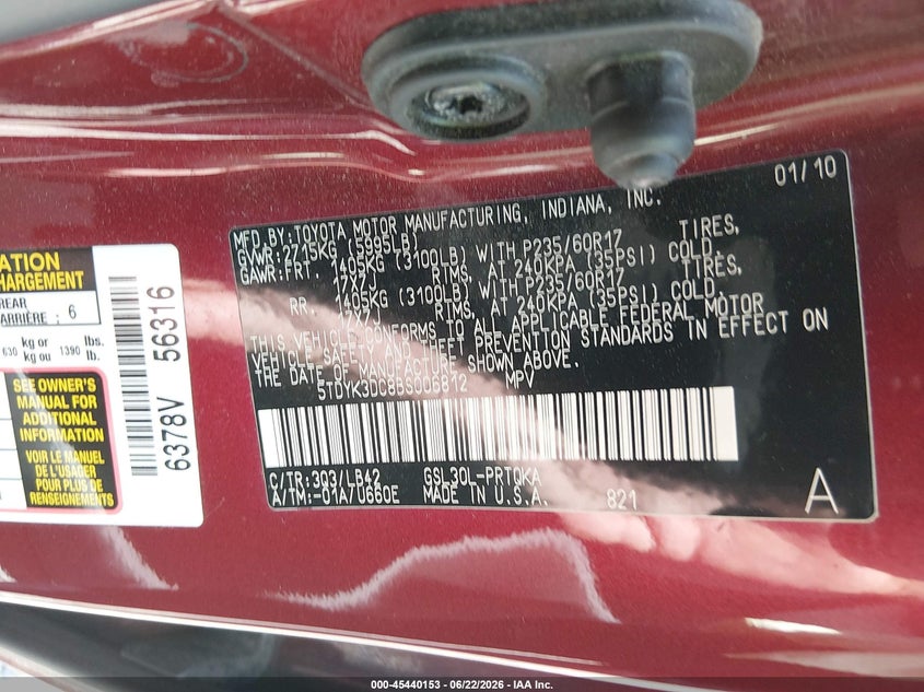 2011 Toyota Sienna VIN 5TDYK3DC8BS006812 IAAI salvage auction — FRONT END, Salvage (Georgia), sold $1,250 on 2026-07-29 (photo 9)