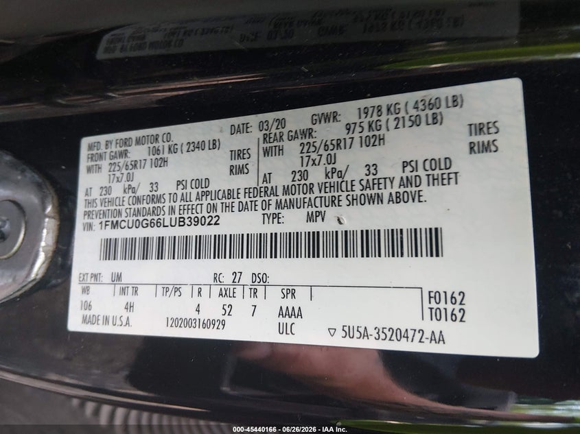 2020 Ford Escape VIN 1FMCU0G66LUB39022 IAAI salvage auction — FRONT END, Salvage (Virginia), sold $25 on 2026-07-19 (photo 9)