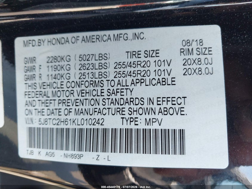 2019 Acura Rdx VIN 5J8TC2H61KL010242 IAAI salvage auction — ROOF, Wait Title, sold $4,600 on 2026-09-02 (photo 9)