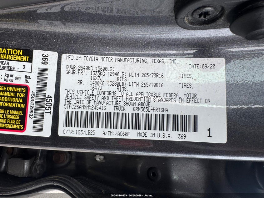 2021 Toyota Tacoma VIN 5TFCZ5ANXMX245413 IAAI salvage auction — UNKNOWN, Original (New Hampshire), sold $25 on 2026-07-08 (photo 9)