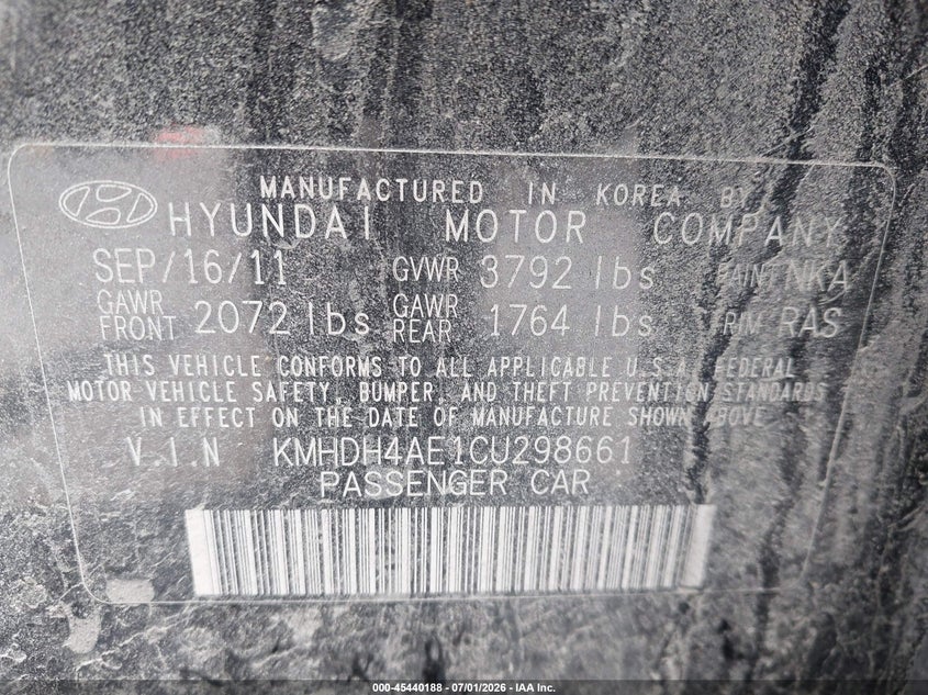 2012 Hyundai Elantra VIN KMHDH4AE1CU298661 IAAI salvage auction — NORMAL WEAR, Clear (Georgia), sold $425 on 2026-07-29 (photo 9)