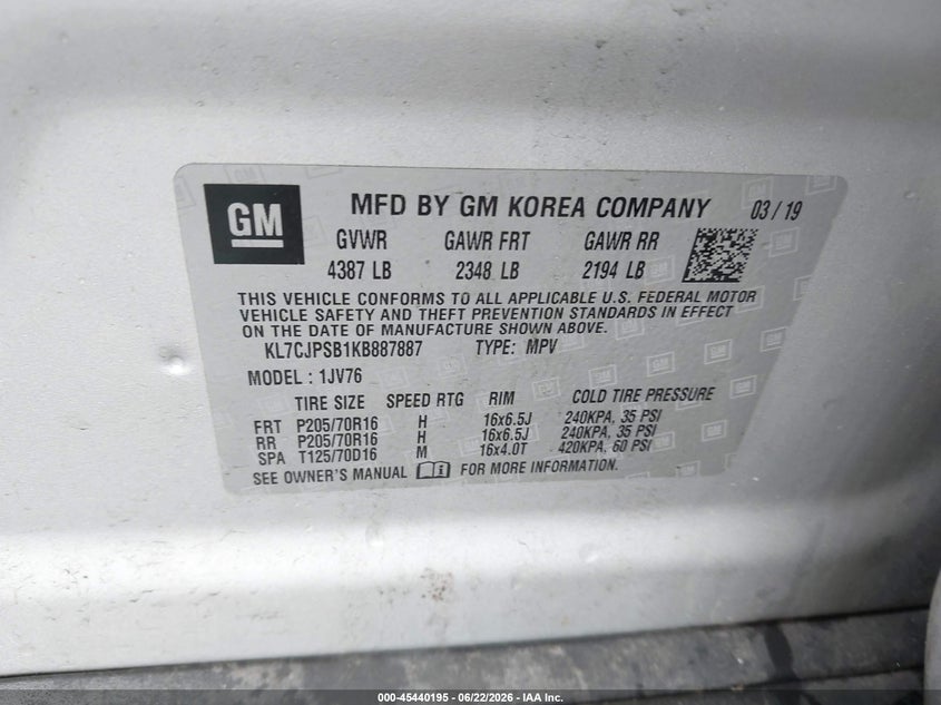 2019 Chevrolet Trax VIN KL7CJPSB1KB887887 IAAI salvage auction — RIGHT SIDE, Mv-907A (New York), sold $2,300 on 2026-07-07 (photo 9)